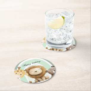 Animals & Sage Green Rainbow Birthday Paper Plate Round Paper Coaster