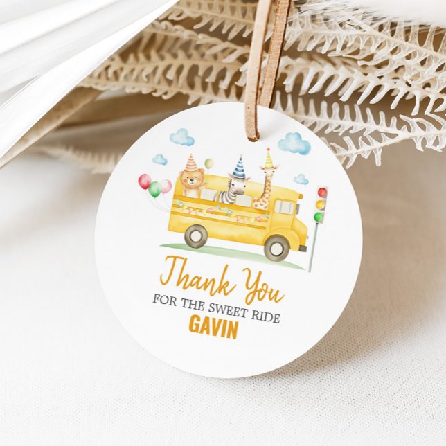 Animals School Bus Birthday Party Round Favour Tag (School Bus Birthday Party Round Favor Tags)