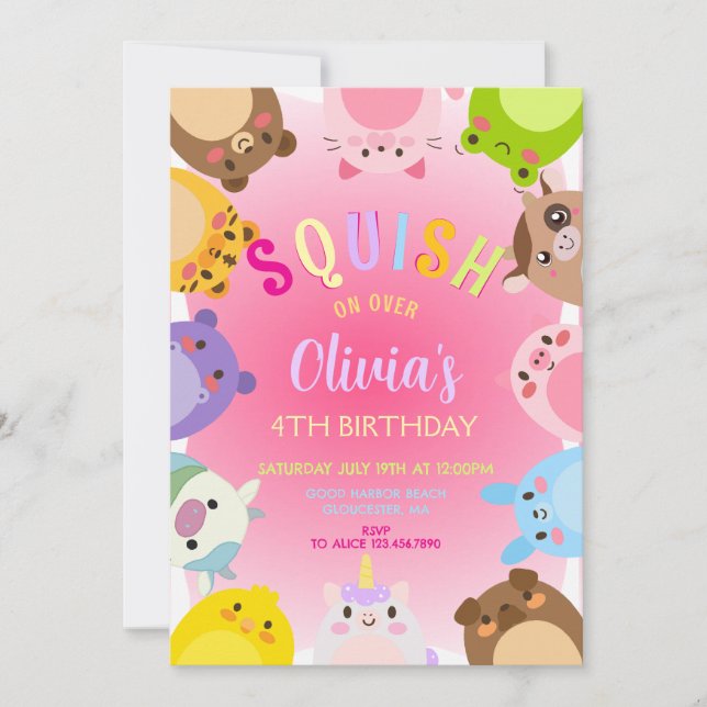 Animals Squish Girl Birthday party Invitation (Front)