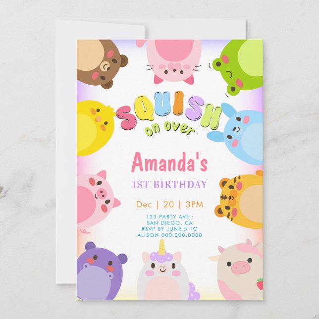 Animals Squish On Over rainbow Birthday Invitation (Front)