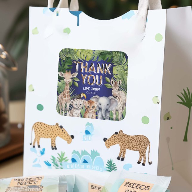 Animals themed Jungle Safari birthday thank you  Square Sticker (Navy Blue Wild one, Safari jungle animals themed birthday thank you stickers.)
