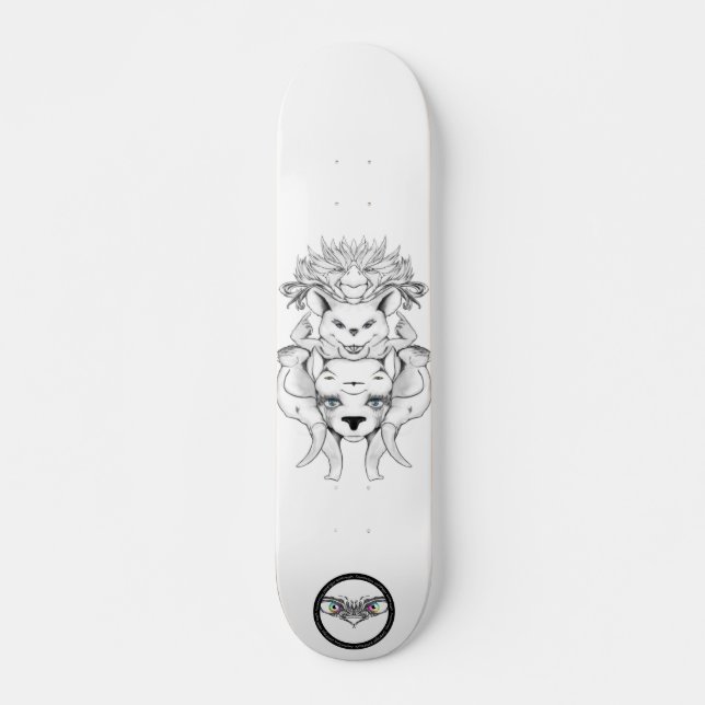 Animals totem black and white line art drawing skateboard (Front)