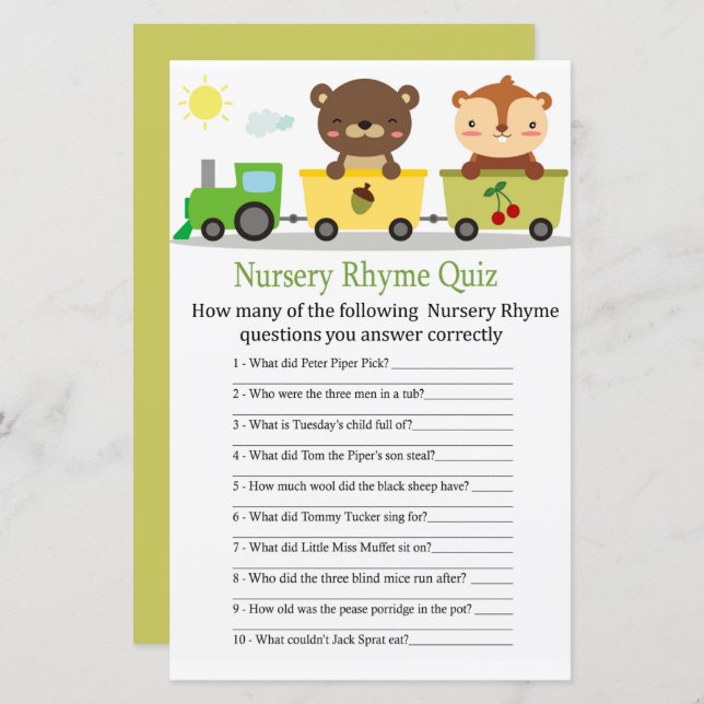 Animals train Nursery Rhyme Quiz baby shower game (Front/Back)