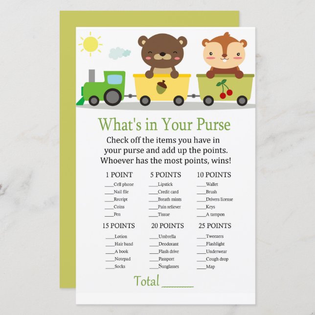 Animals train What's in your purse game baby showe (Front/Back)