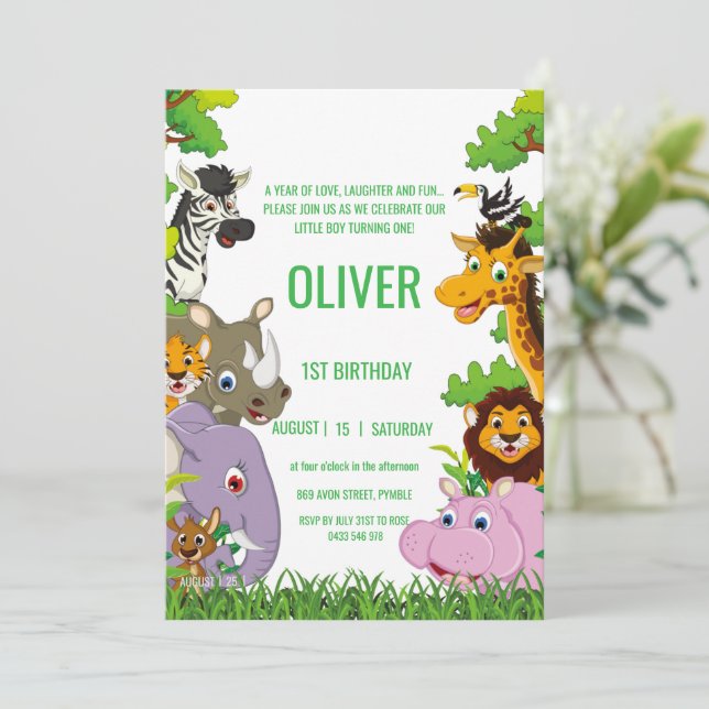 Animals Wild One Jungle greenery safari For kids Invitation (Standing Front)