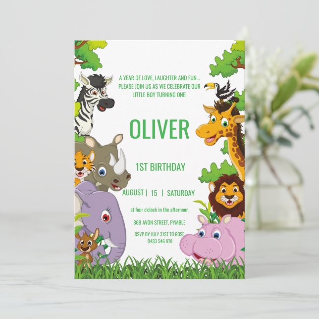 Animals Wild One Jungle greenery safari For kids Invitation (Standing Front)