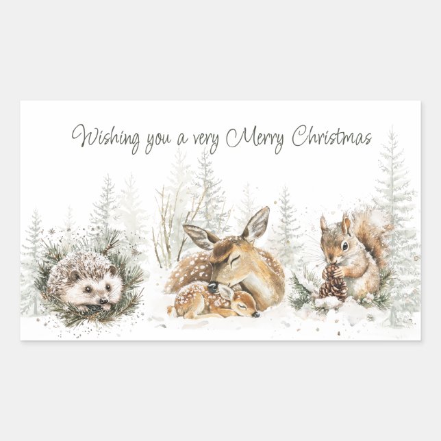 Animals Winter Forest Christmas Rectangular Sticker (Front)
