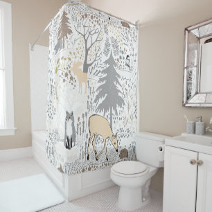 Animals Winter Forest Grey Neutrals Woodland Decor Shower Curtain