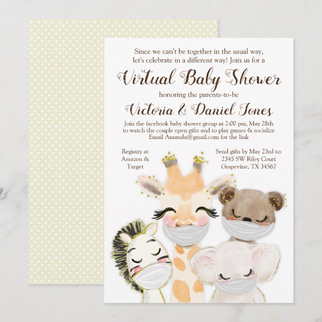 Animals with Masks Drive Through Covid Baby Shower Invitation (Front/Back)