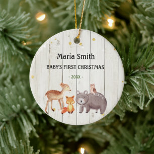 Animals Wood Vintage Baby's First Christmas Ceramic Tree Decoration