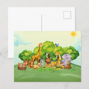 Animals zoo cartoon postcard