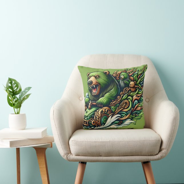 Animated Bears Riding a Green Car  Cushion (Chair)