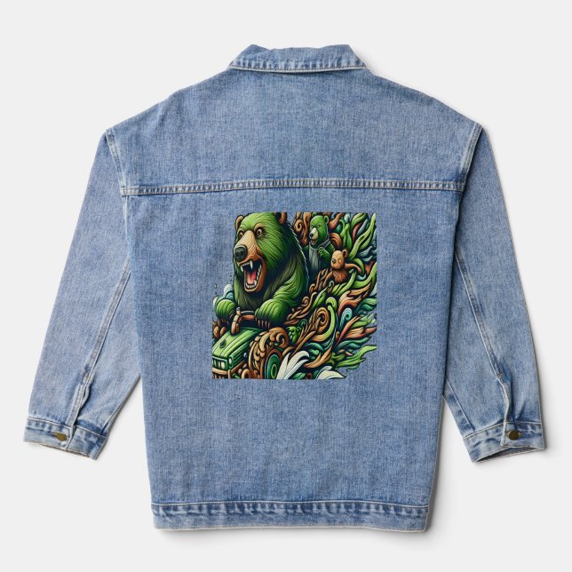 Animated Bears Riding a Green Car  Denim Jacket (Back)