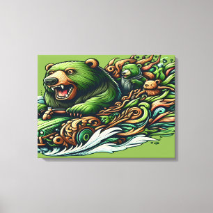 Animated Bears Riding a Green Car in a Vibra 16x20 Canvas Print