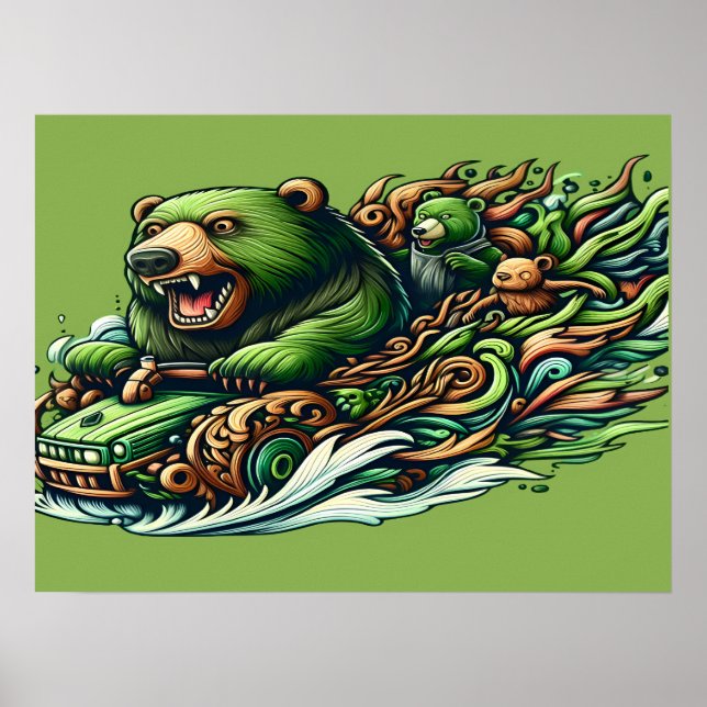 Animated Bears Riding a Green Car in a Vibra 18x24 Poster (Front)