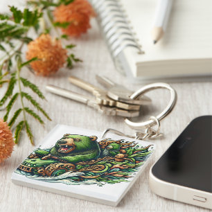 Animated Bears Riding a Green Car Key Ring