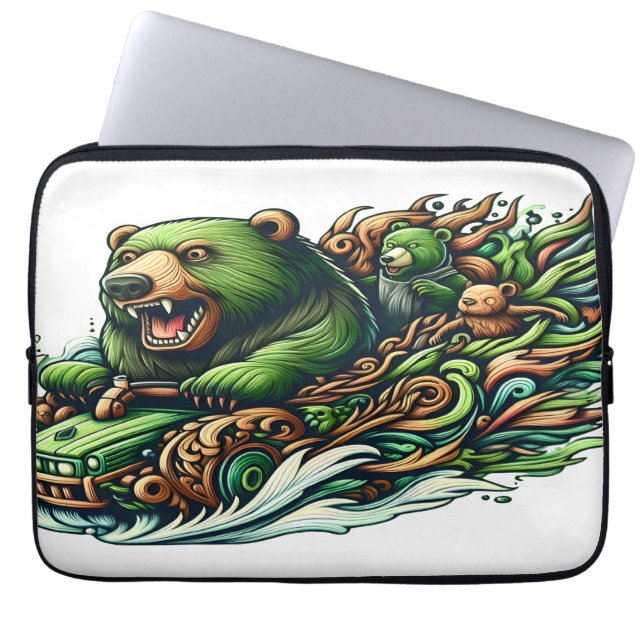Animated Bears Riding a Green Car  Laptop Sleeve (Front)