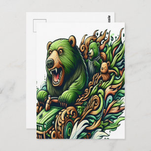 Animated Bears Riding a Green Car Postcard