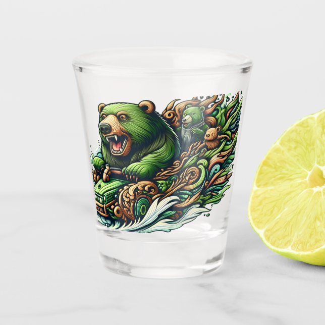 Animated Bears Riding a Green Car  Shot Glass (Front)