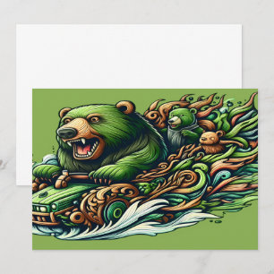 Animated Bears Riding a Green Car  Thank You Card