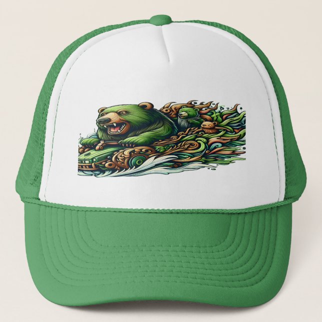 Animated Bears Riding a Green Car  Trucker Hat (Front)