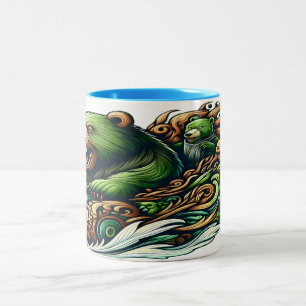 Animated Bears Riding a Green Car Two-Tone Coffee Mug
