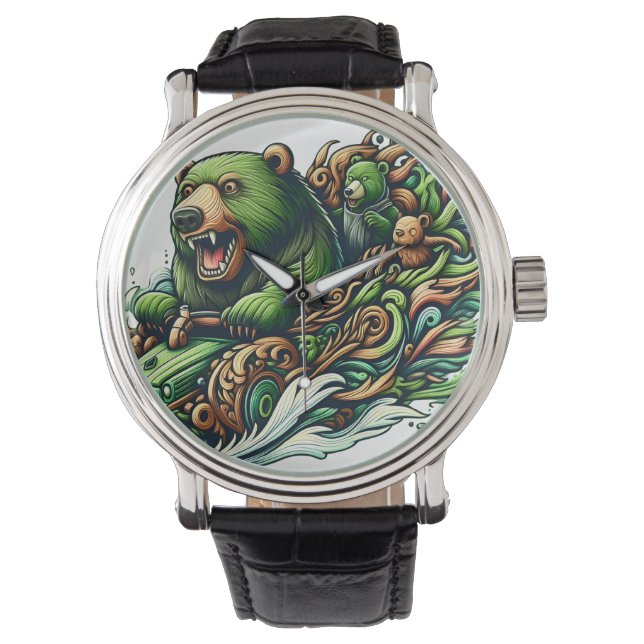 Animated Bears Riding a Green Car  Watch (Front)