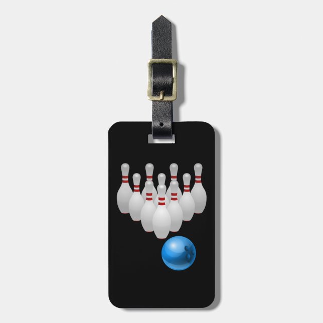 Animated bowling ball and pins luggage tag (Front Vertical)