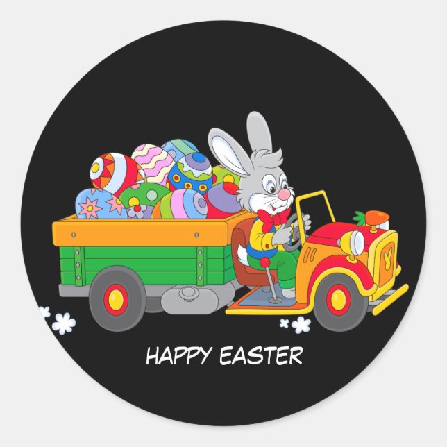 Animated Bunny With Truck full of coloured eggs Classic Round Sticker (Front)