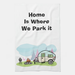 Animated camping trailer tea towel