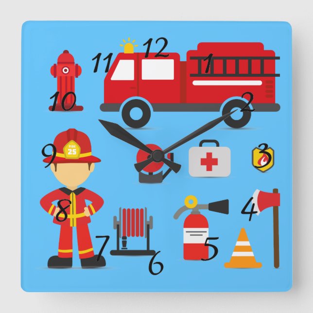 Animated Fire Department Equipment Square Wall Clock (Front)
