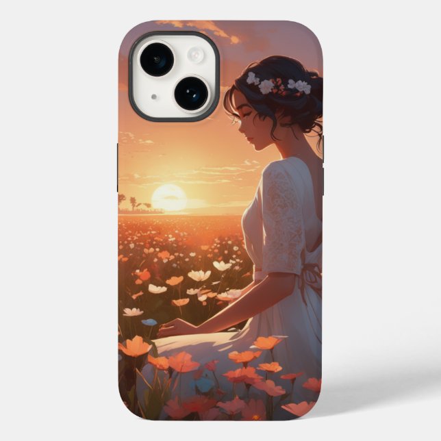 Animated Girl in White Sitting in a Flower Field Case-Mate iPhone Case (Back)