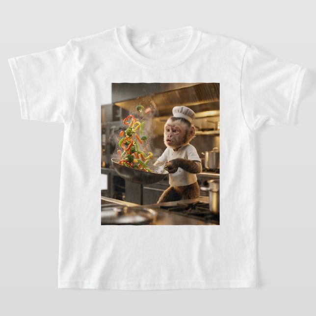 Animated Monkey Chef Frantically Cooking Stir-Fry T-Shirt (Laydown)