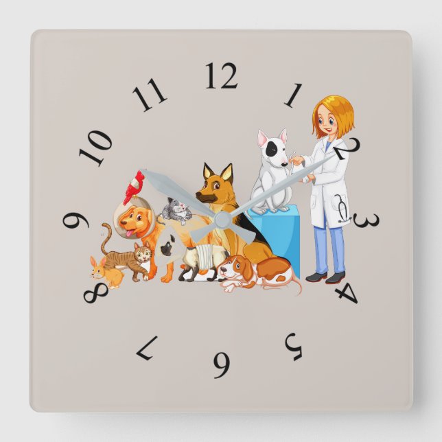 Animated pet animals with Veterinarian Square Wall Clock (Front)