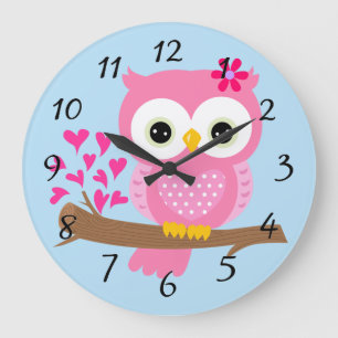 Animated Pink Owl Large Clock
