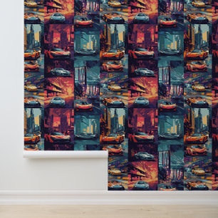 Animated retro race car pop art fantasy world wallpaper