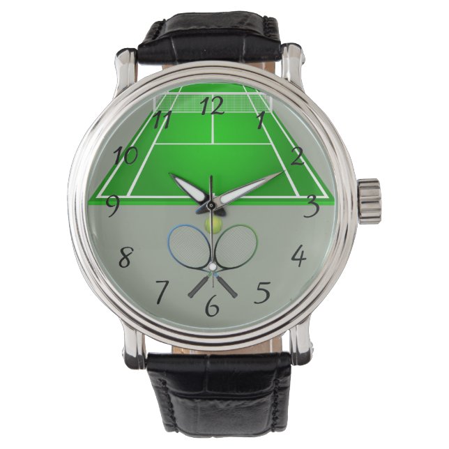 Animated Tennis Court and rackets Large Clock Watch (Front)