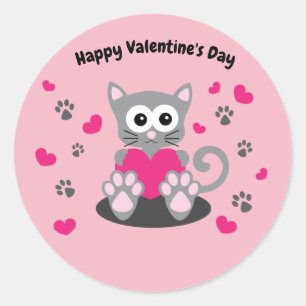 Animated Valentine's Day Cat Classic Round Sticker
