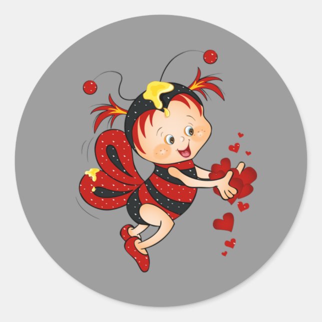 Animated Valentine's Day Red Bee Classic Round Sticker (Front)