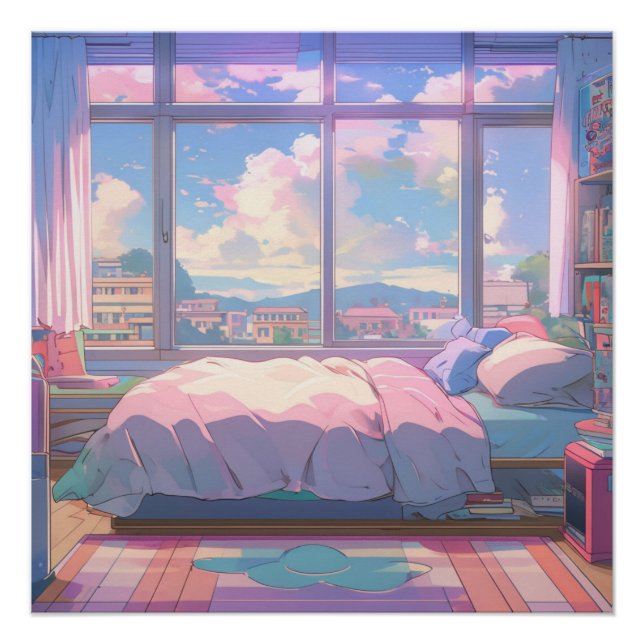 Anime Aesthetic Bedroom Landscape Art Print (Front)