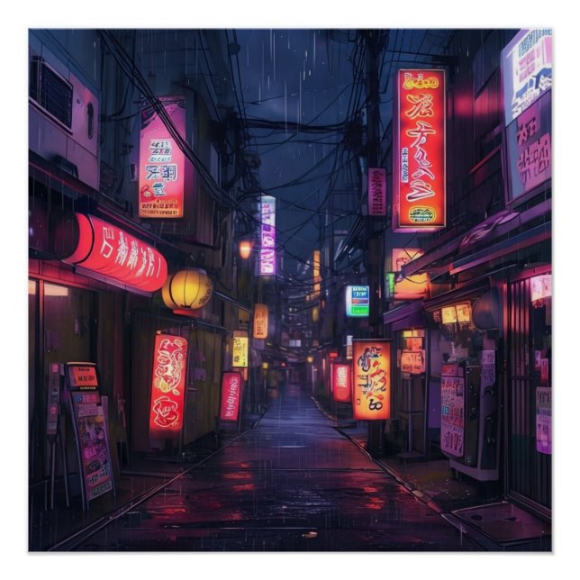Anime Aesthetic City Street at Night Neon Sign (Front)