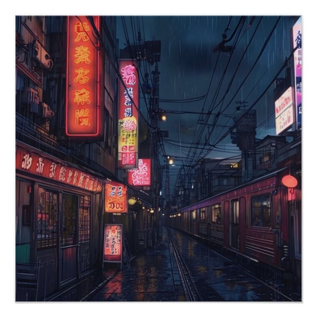 Anime Aesthetic City Street Night View with Train  Poster (Front)