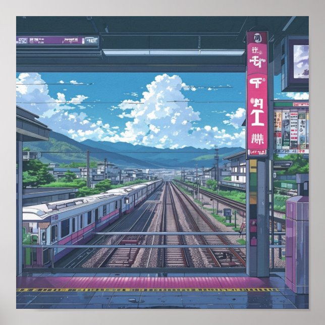 Anime Aesthetic Inside Train Station Landscape Art Poster (Front)