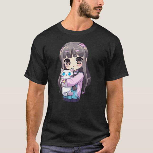 Anime and Cats Kawaii Cute Teen Otaku Girl with Ca T-Shirt (Front)