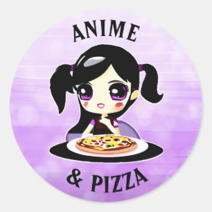 Anime and Pizza Black and Purple Cartoon Classic Round Sticker