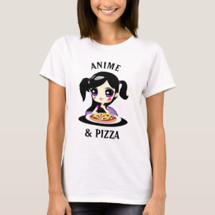 Anime and Pizza Black and Purple Cartoon T-Shirt
