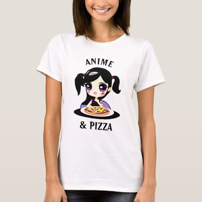 Anime and Pizza Black and Purple Cartoon T-Shirt (Front)