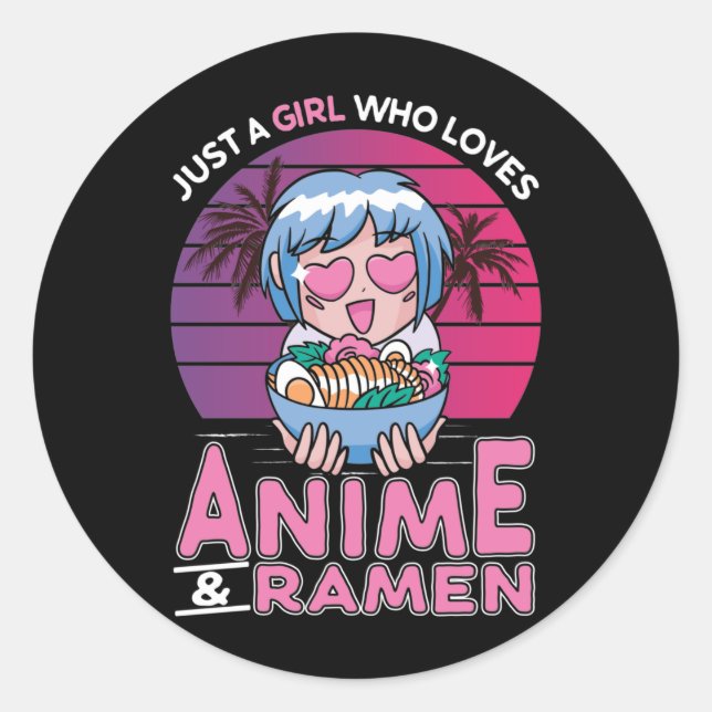 Anime and Ramen Girl Otaku Retro Japanese Manga Classic Round Sticker (Front)