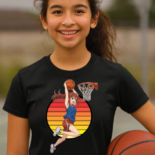 Anime Basketball Girl On Retro Sunset Template T-Shirt
