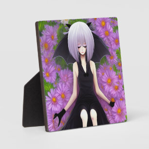 Anime Bat Girl in Pink Floral Garden Plaque